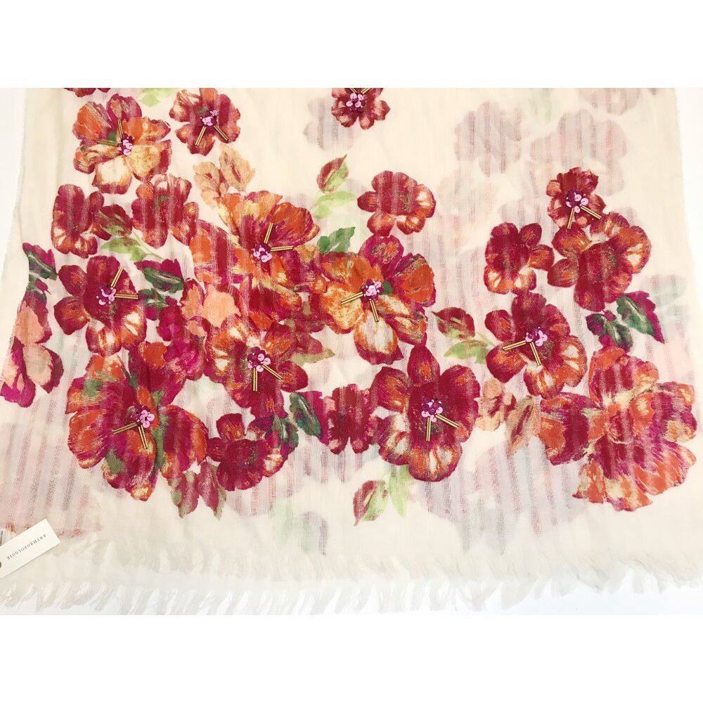 Anthropologie Scarf Womens Red Orange Floral Wool Sheer Fringe Sequins 31 X 72 - Picture 9 of 12